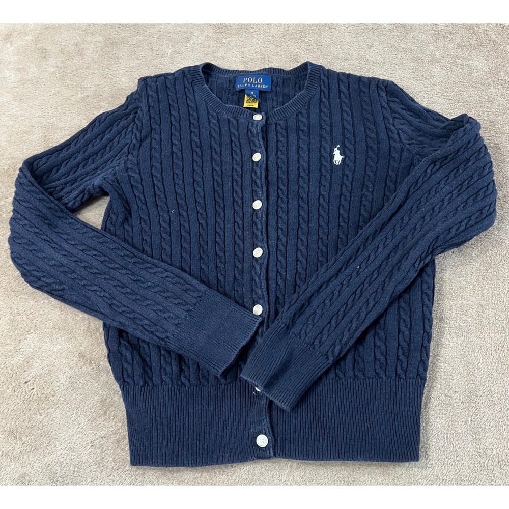 Polo Ralph Lauren Cable-Knit Cotton Crewneck Cardigan Girl M 8-10 Navy blue euc